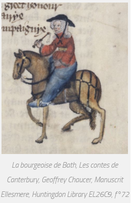 Illustration La bourgeoise de Bath. Les contes de Canterbury, Geoffrey Chaucer, Manuscrit Ellesmere, Huntingdon Library EL26C9, f°72